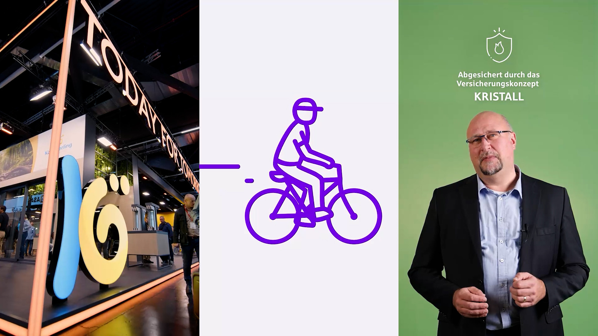 Dreiteiliger Split-Screen mit Messebesuch, animierter Fahrradfahrer und Sprecher vor grünem Hintergrund mit Versicherungsbotschaft.