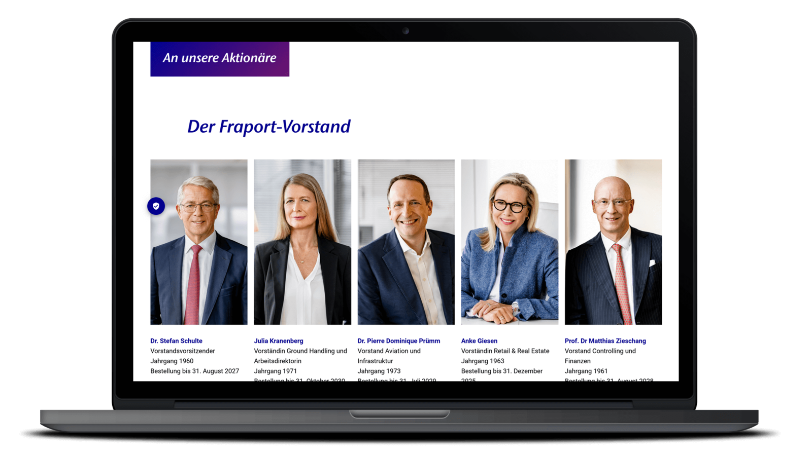 Fraport Geschäftsbericht 2024 als Full-HTML-Version auf Laptop – Vorstand Vorstellung