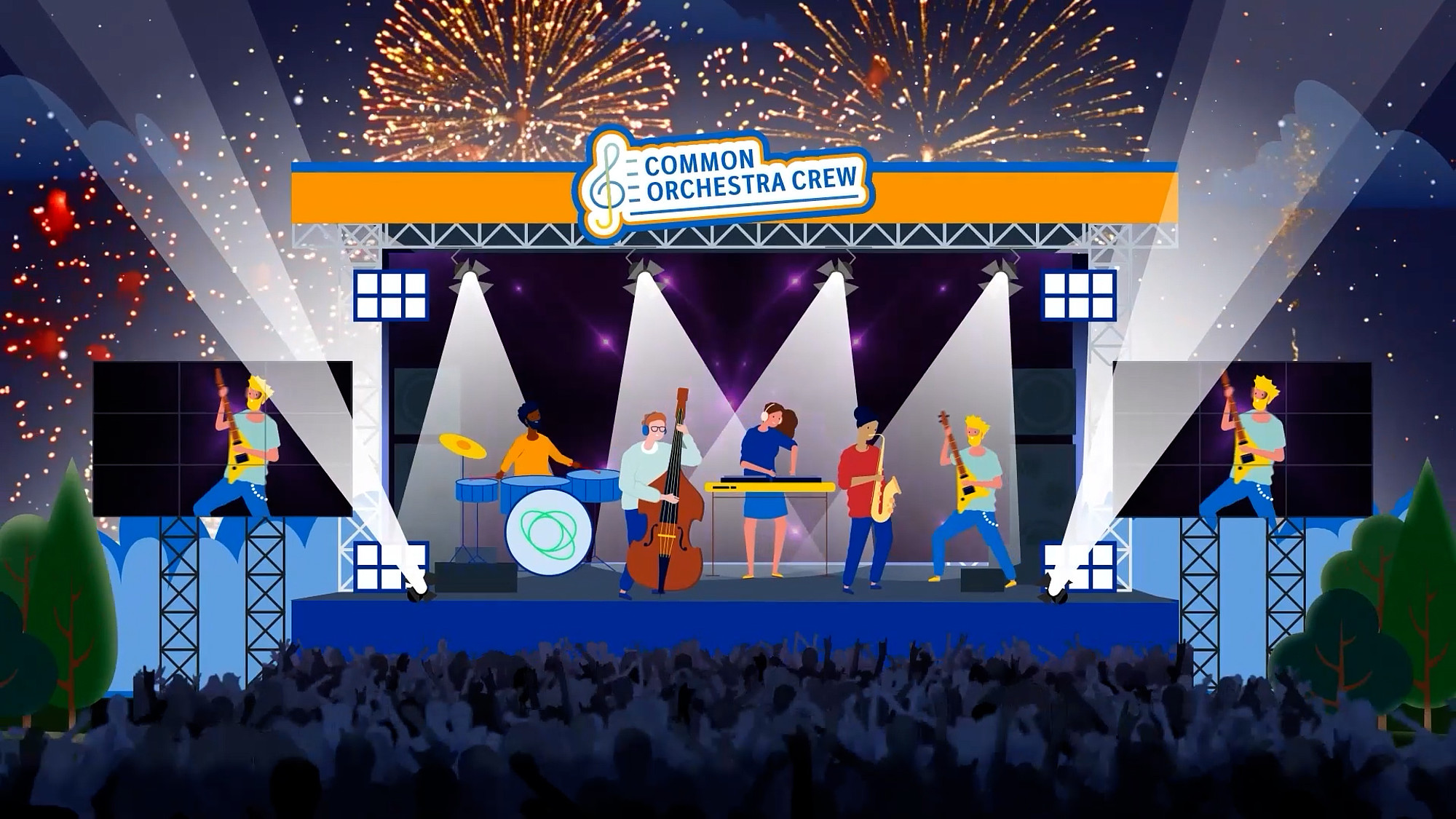 Illustration eines Konzerts mit animierten Musiker:innen auf einer Bühne vor jubelndem Publikum und Feuerwerk.